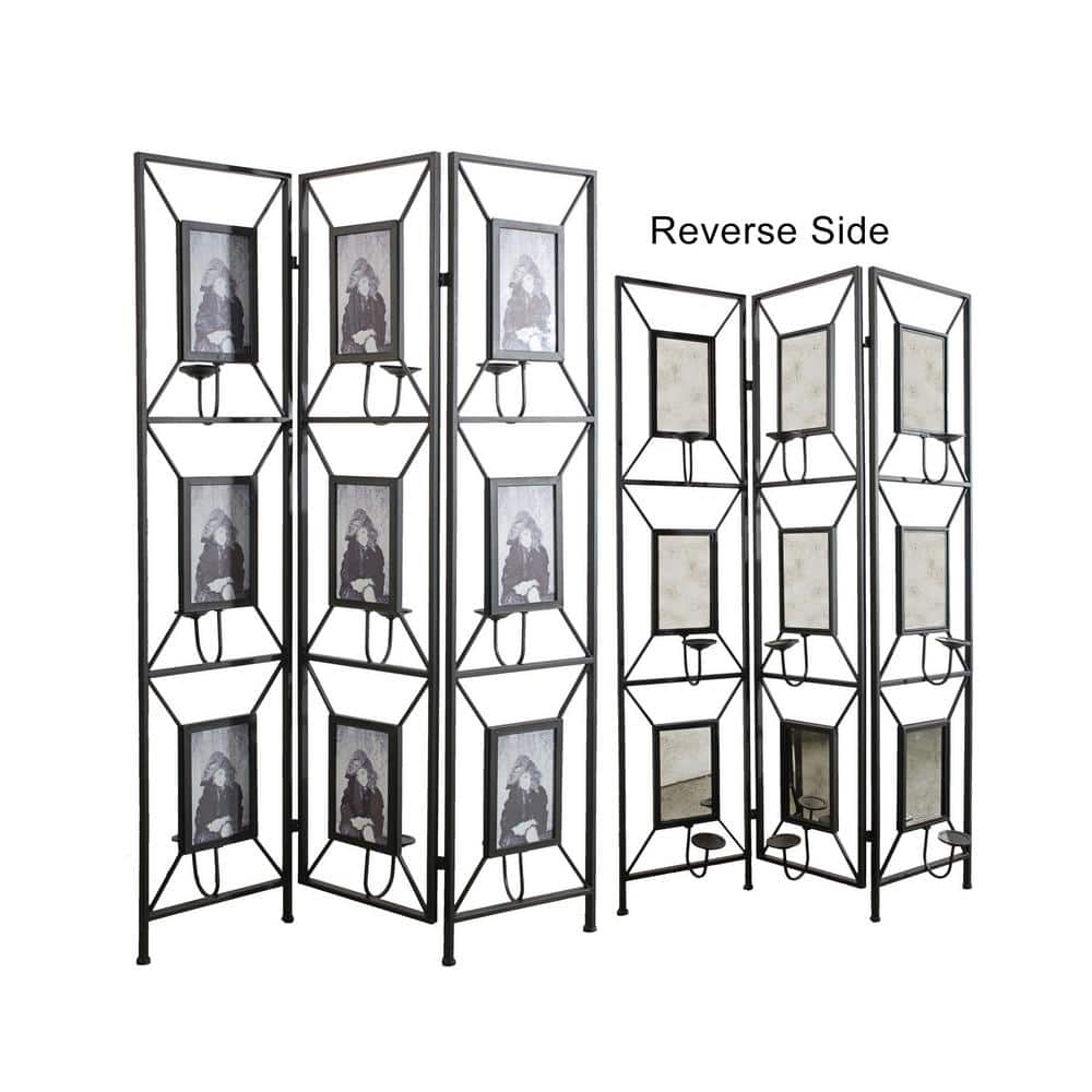 Unbranded 6 ft. Black Wood Folding Privacy Screen Room Decorative Screen with Photo Frames, Antique Mirror, Candle Stick (3-Panel)