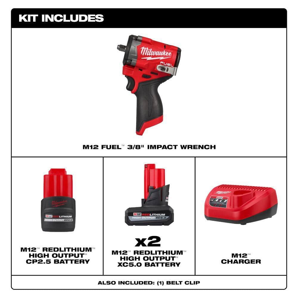 Milwaukee M12 FUEL 12V Li-Ion Brushless Cordless Stubby 3/8 in. Impact Wrench Kit w/(2) 5. 0Ah & (1) 2.5 Ah Batteries (2)