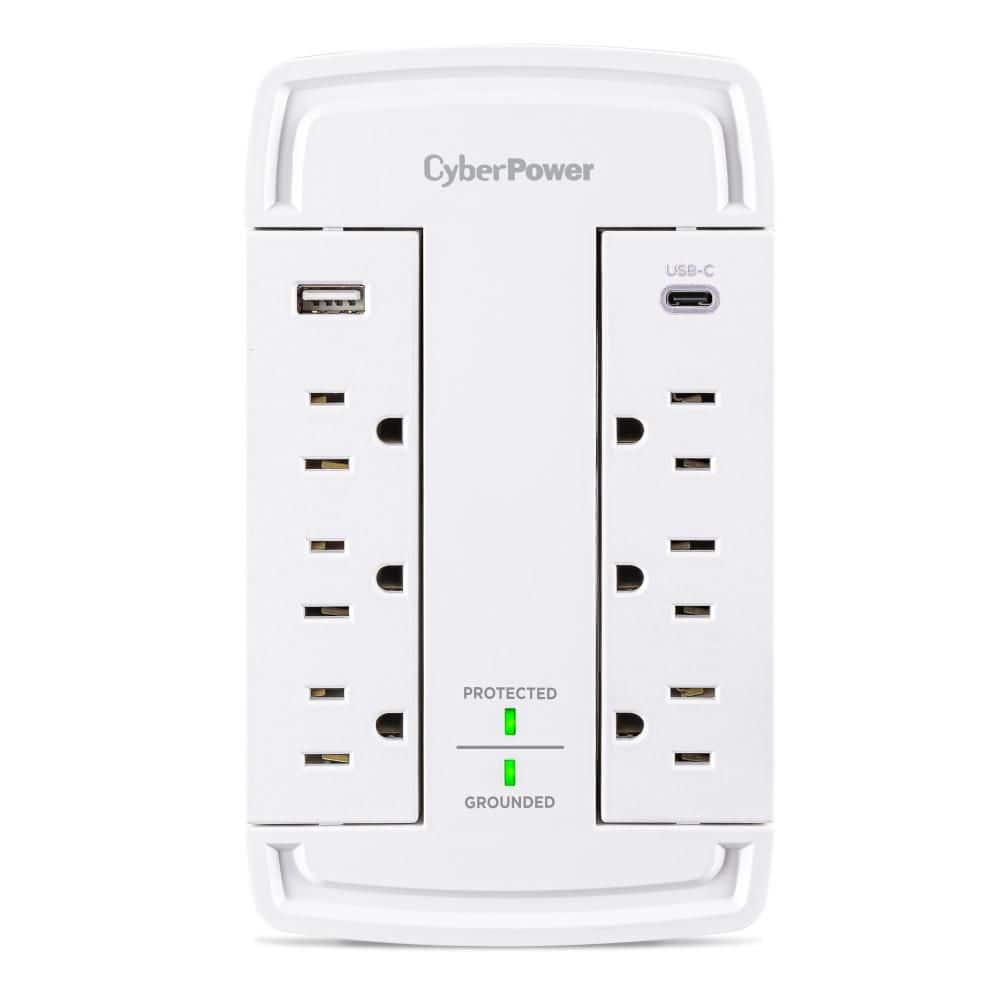 CyberPower 6-Outlet Wall Tap Surge Protector with USB-A and USB-C, 2400-Joule, White (1)
