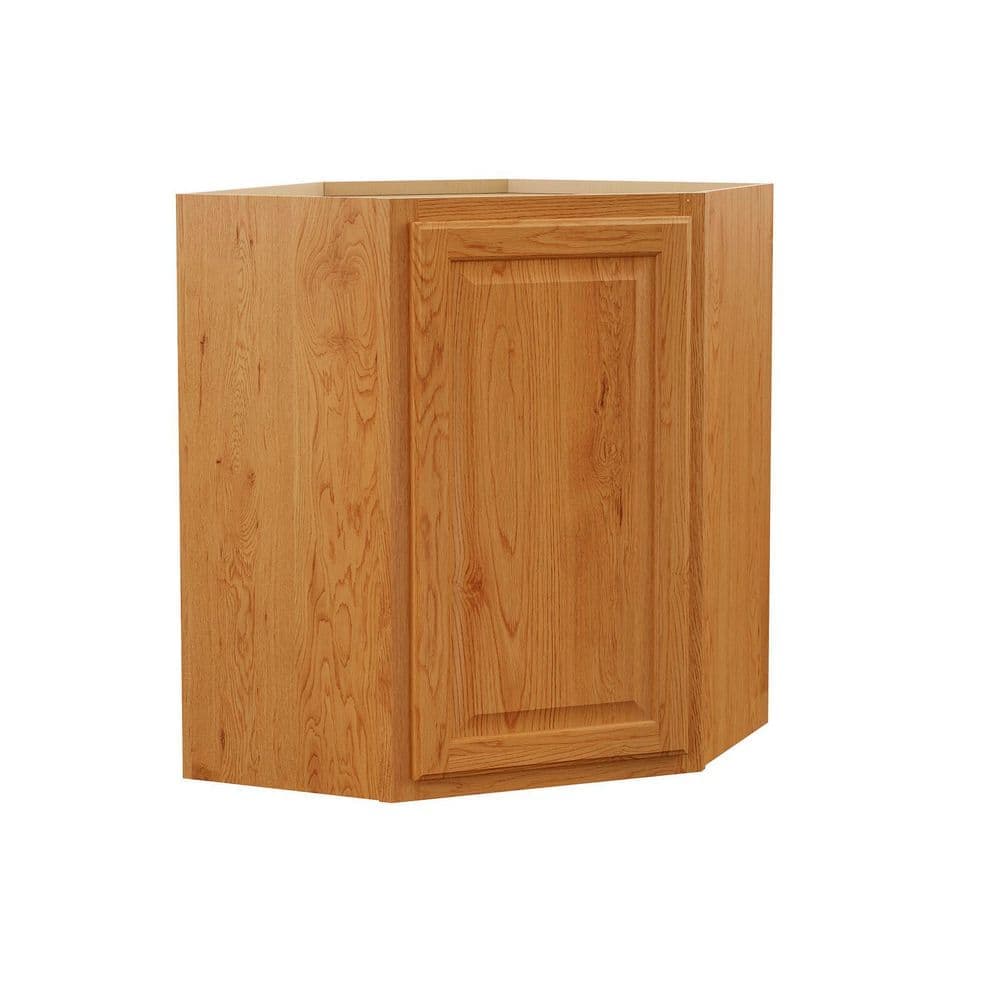 Hampton Bay Hampton 24 in. W x 12 in. D x 30 in. H Assembled Diagonal Corner Wall Kitchen Cabinet in Medium Oak