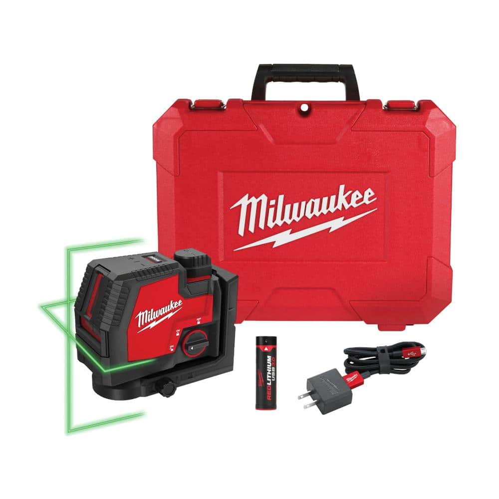 Milwaukee 100 ft. REDLITHIUM Lithium-Ion USB Green Rechargeable Cross Line Laser Level with Charger