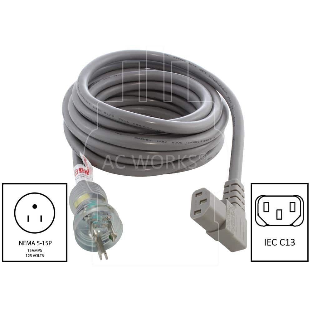 AC WORKS 20 ft. 14/3 15A Medical Grade Power Cord with Right Angle IEC C13 Connector (2)
