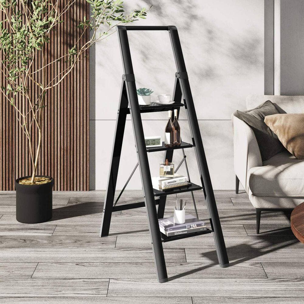 Unbranded 4 Step Ladder Folding Iron Step Stool Stepladders Use Space Saving (Black) (2)