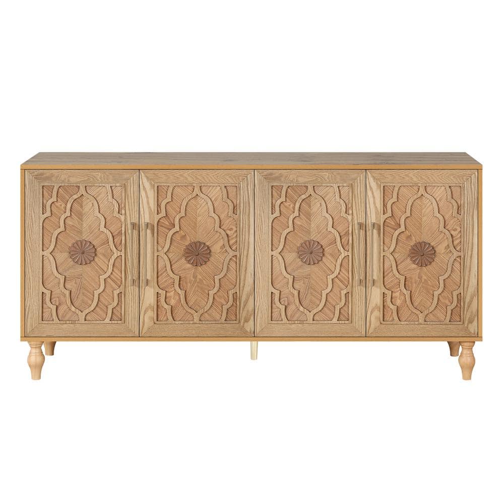 COWLOWN 62.99 in. W x 15.75 in. D x 32.00 in. H Natural Brown Linen Cabinet with 4 Doors and Metal Handle