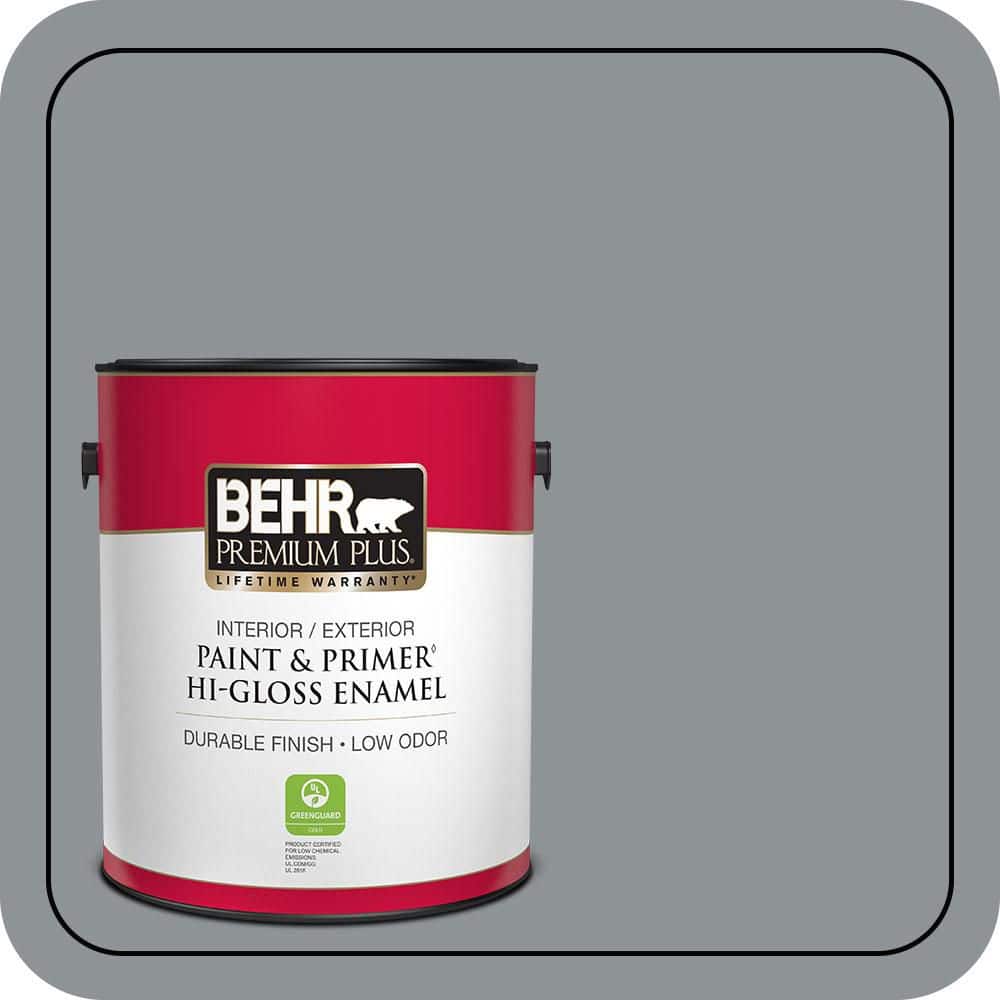 BEHR PREMIUM PLUS 1 gal. #PPU26-05 Flint Gray Hi-Gloss Enamel Interior/Exterior Paint & Primer (1)
