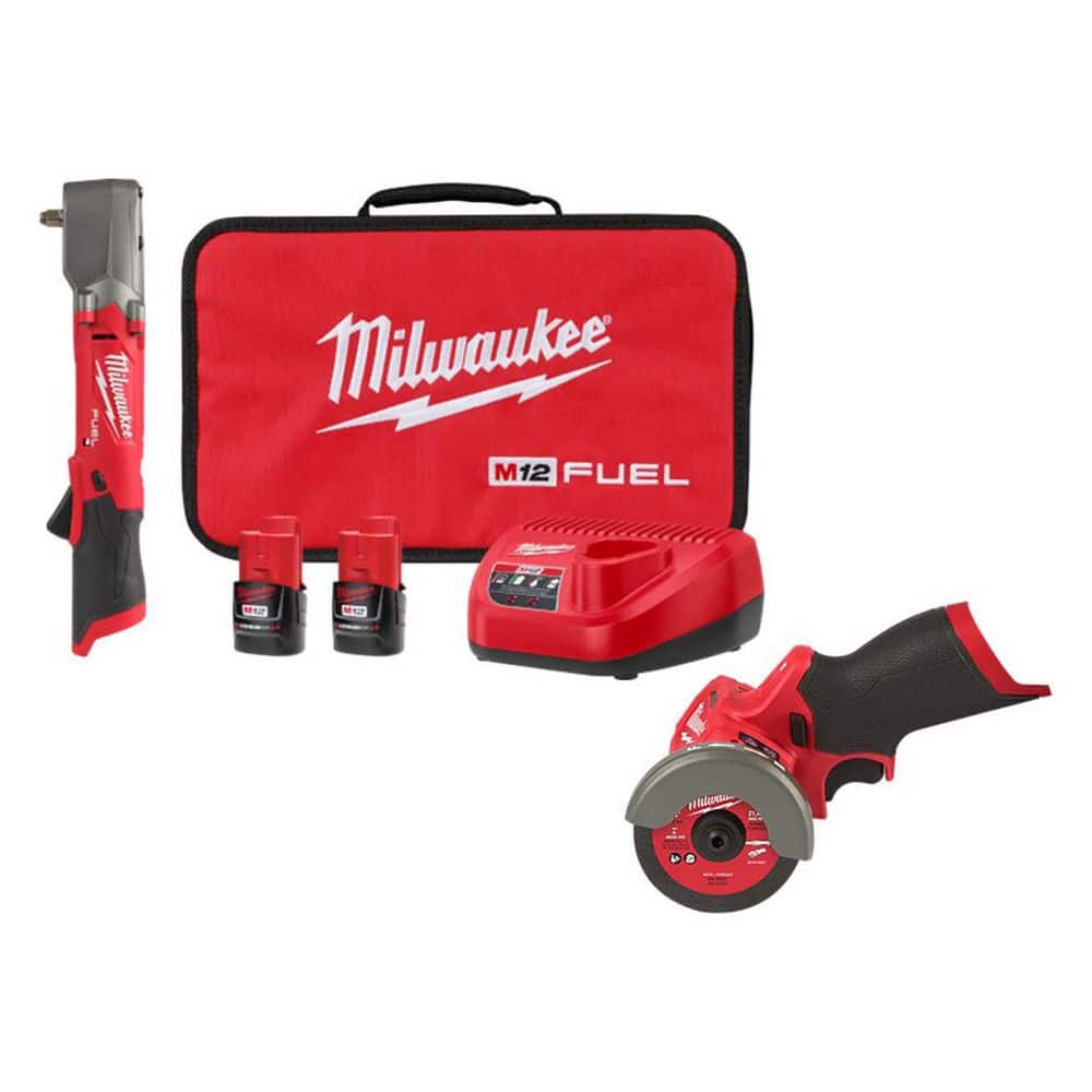 Milwaukee M12 FUEL 12V Lithium-Ion Brushless Cordless 3/8 in. Right Angle Impact Wrench Kit with (2) 2.0Ah Batteries & Cut Off Saw (1)