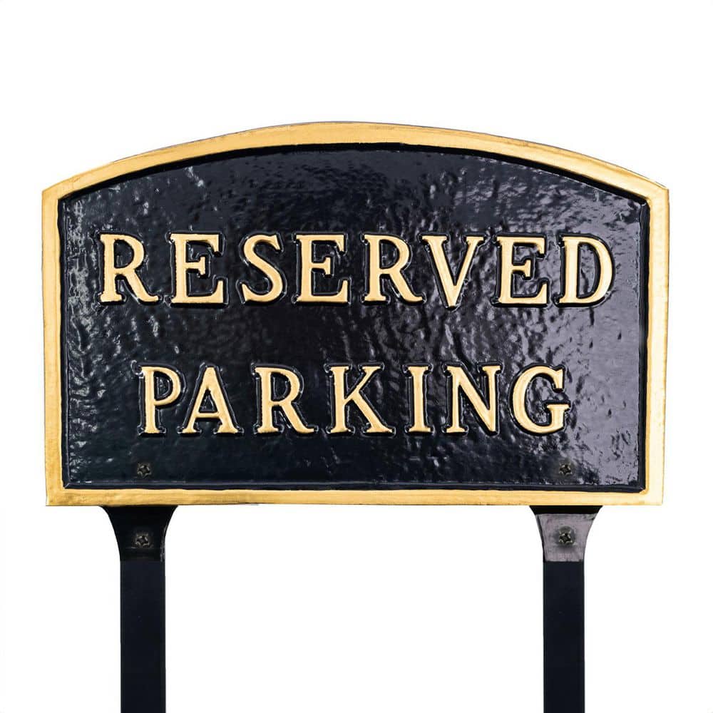 Montague Metal Products 10 in. x 15 Standard Arch Reserved Parking Statement Plaque Sign with Lawn Stakes-Black/Gold