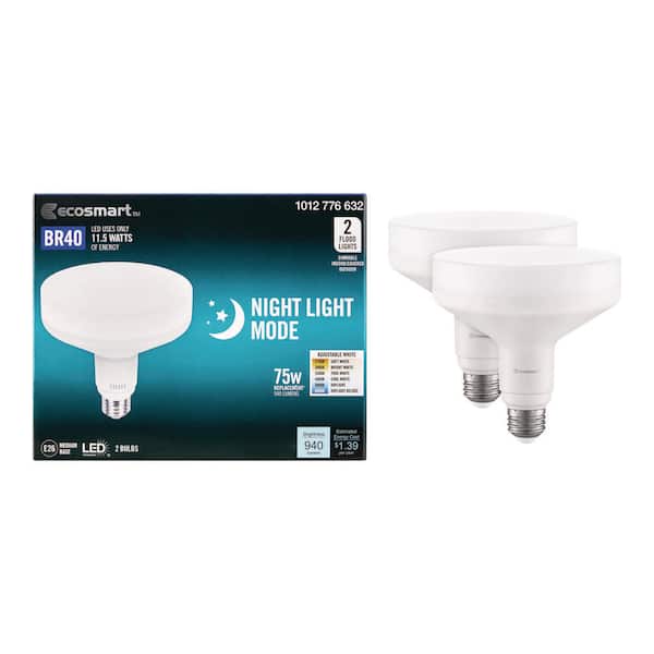 EcoSmart 75-Watt Equivalent BR40 Dimmable LED Flood Light Bulb Adjustable Base and Night Light 6 CCT (2-Pack)
