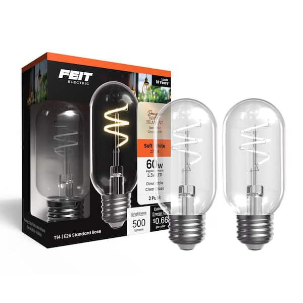 Feit Electric 60W Equiv. T14 Dimmable Spiral White Filament Clear Glass E26 Vintage Edison LED Tubular Light Bulb, Soft White (2-Pack)