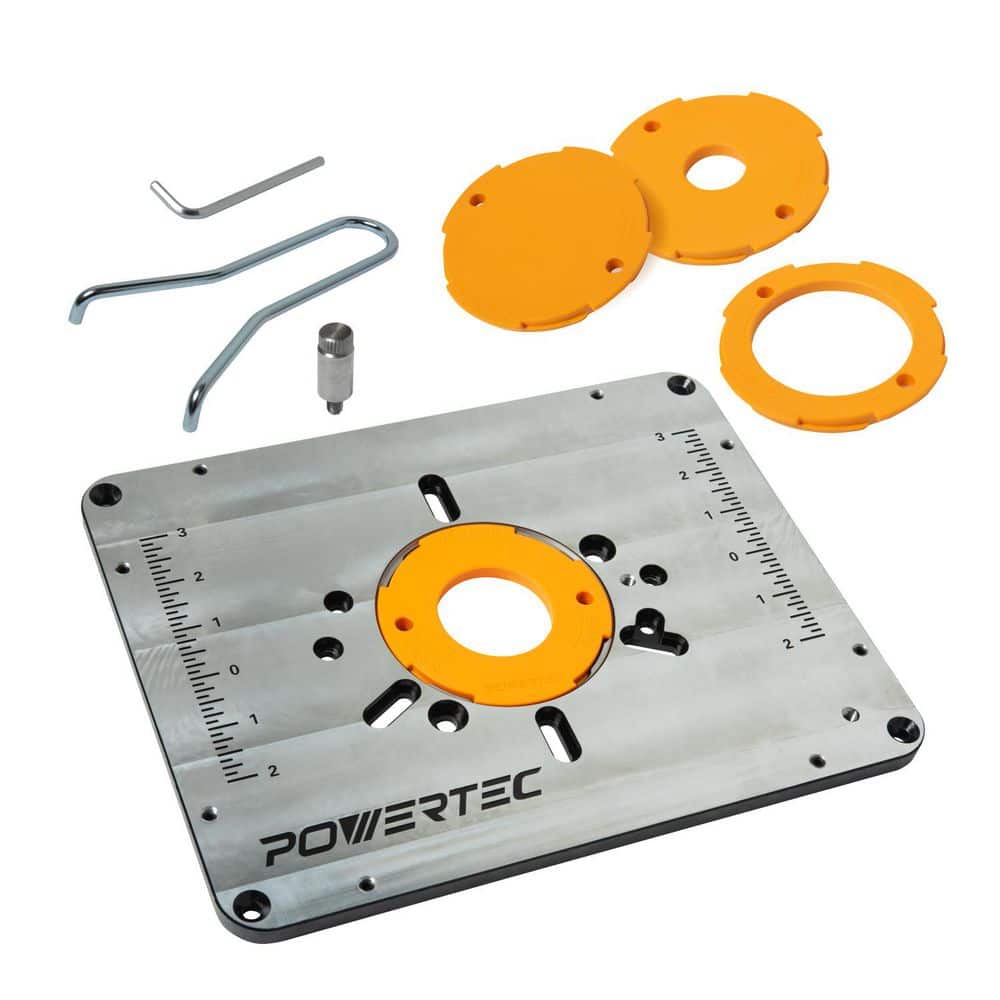 POWERTEC Aluminum Router Table Insert Plate w/Reducer Rings, Leveling Screws & Starting Pin, Compatible w/ Bosch, DeWalt, Makita