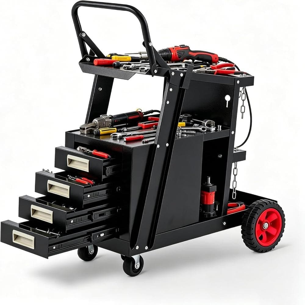 PioneerWorks 3-Tier Welding Cart with 4 Drawers, Heavy Duty Welder Cart with 400 Lbs Load Capacity, Rolling Metal Utility Cart with R