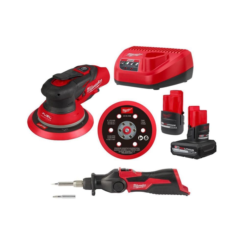 Milwaukee M12 FUEL 12-Volt Li-Ion Brushless Cordless 6 in. Random Orbital Sander Kit (3/16 in) wM12 Batteries, &Soldering Iron