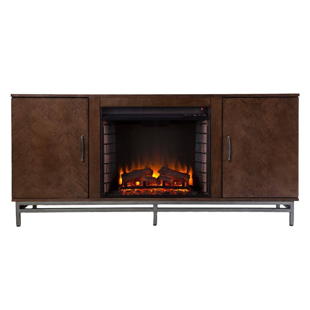 Southern Enterprises Oliver 60 in. Electric Fireplace in Brown with Matte Silver
