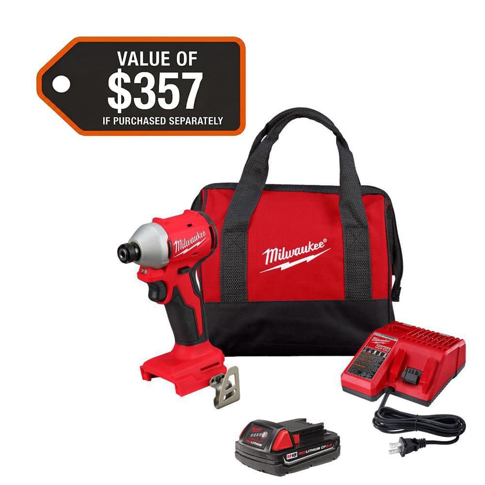 Milwaukee M18 18V Lithium Ion Compact Brushless Cordless 1/4 in. Impact Driver Combo Kit with SHOCKWAVE Screwdriver Bit Set