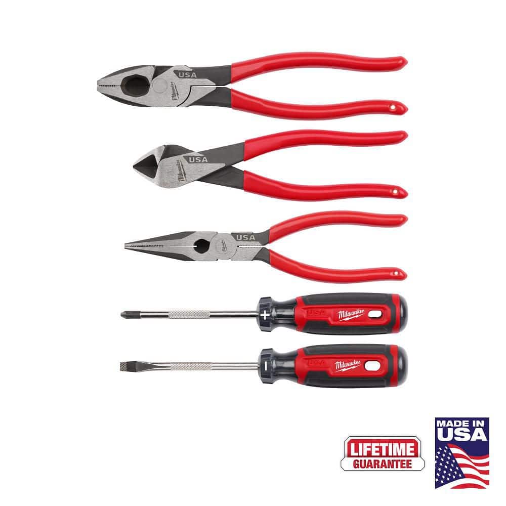 Milwaukee Linesman Plier w/Dipped Grip, 8 in. Long Nose Plier w/Dipped Grip, 7 in. Diagonal Plier w/Dipped Grip, & Screwdriver Set