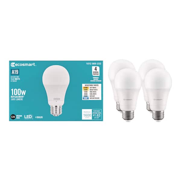EcoSmart 100-Watt Equivalent A19 E26 Base Dimmable LED Light Bulb with Selectable Color Temperature (4-Pack)