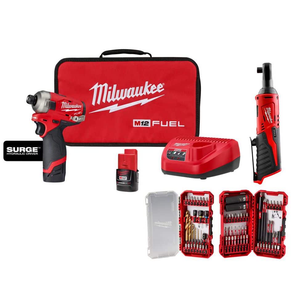 Milwaukee M12 FUEL SURGE 12V 1/4 in. Hex Impact Kit (2) 2.0Ah Batteries, Bag with M12 3/8 in. Ratchet with 75-Pc Set
