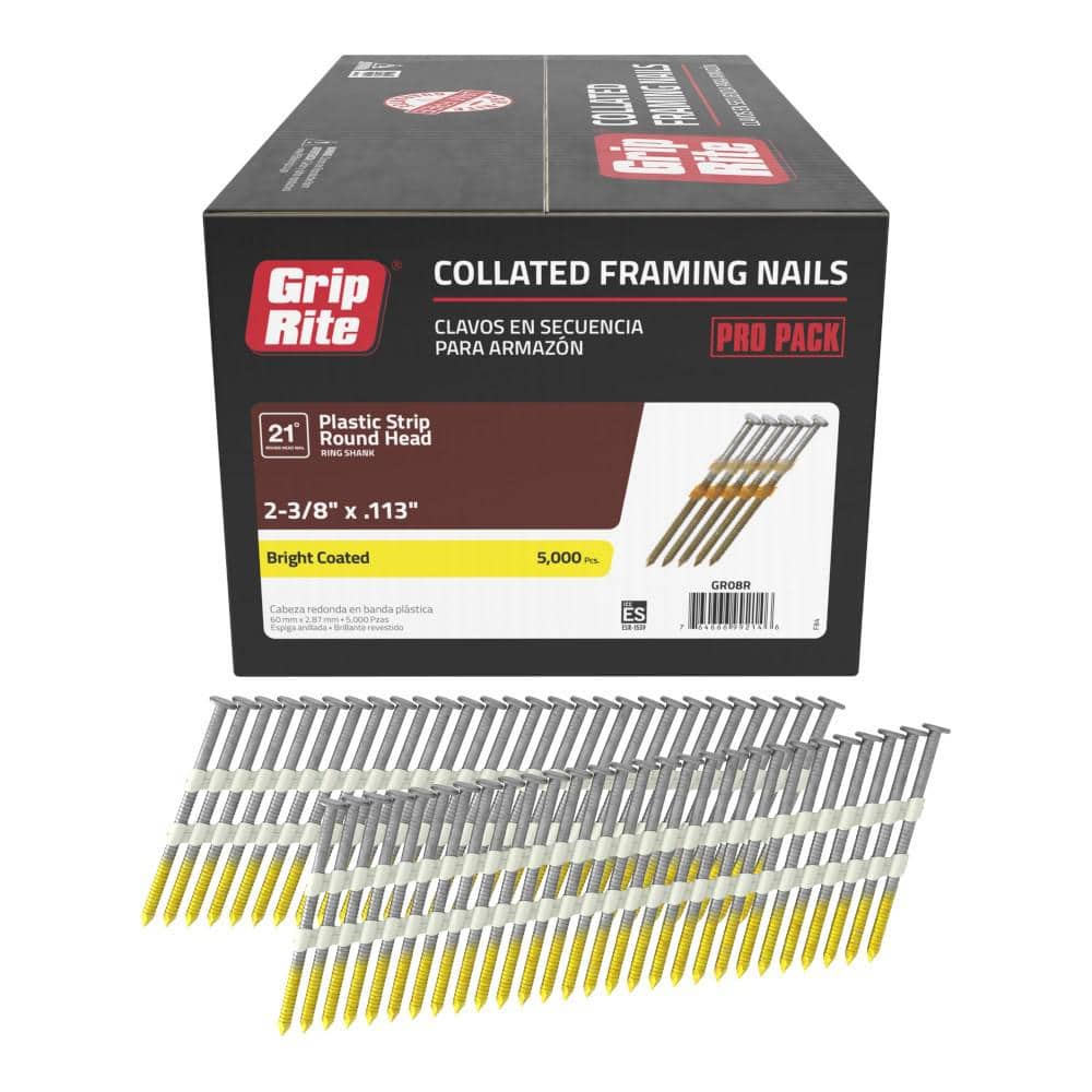 Grip-Rite 2-3/8 in. x 0.113 in. 21° Plastic Collated Bright Coated Ring Shank Round Head Nails 5000 per Box