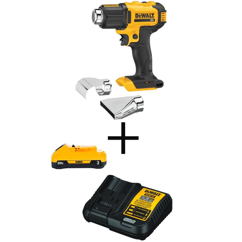 DEWALT 20V MAX Cordless Compact Heat Gun, Flat and Hook Nozzle Attachments, (1) 20V 3.0Ah Battery, and 12V-20V MAX Charger