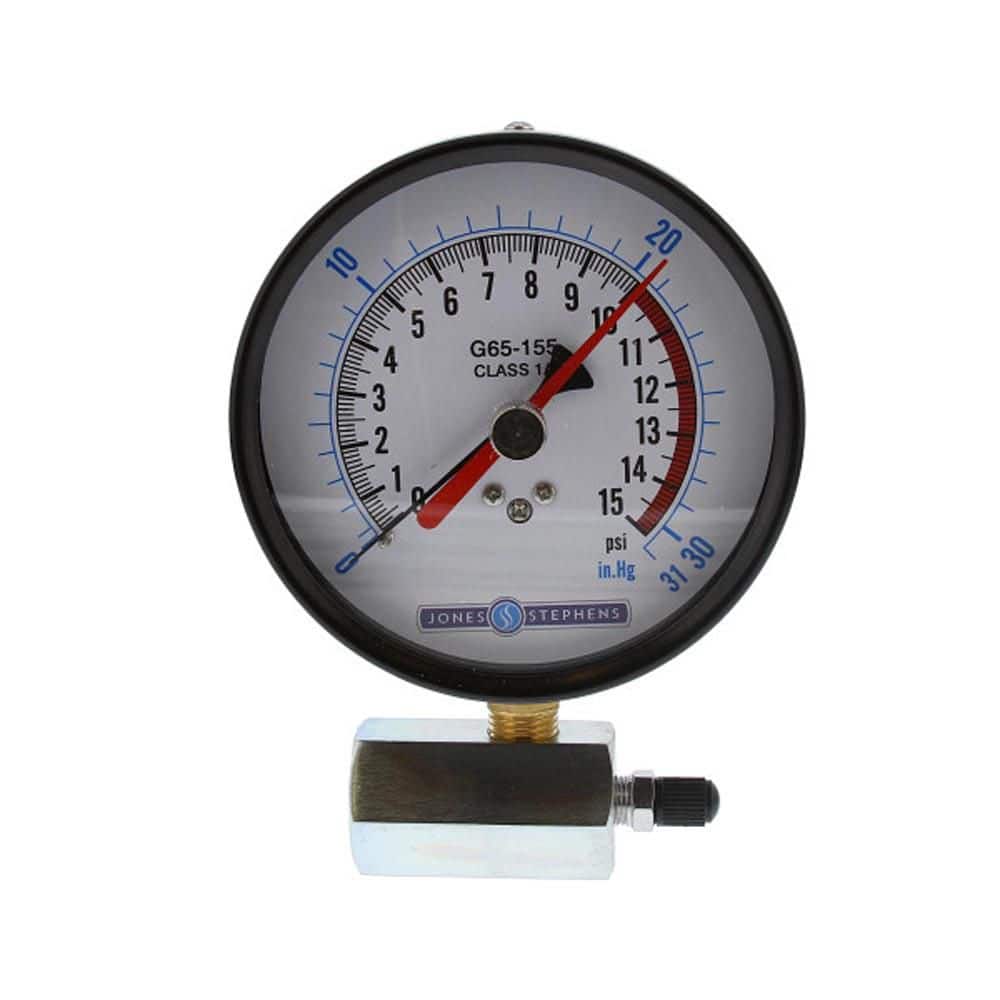 JONES STEPHENS 15 lb. Class 1A Gas Test Gauge Assembly with 4 in. Face and Pressure Snubber
