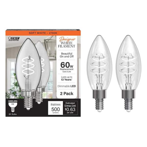 Feit Electric 60-Watt Equivalent B10 Double Spiral White Thin Filament Clear E12 Candelabra LED Light Bulb, Soft White 2700K (2-Pack)