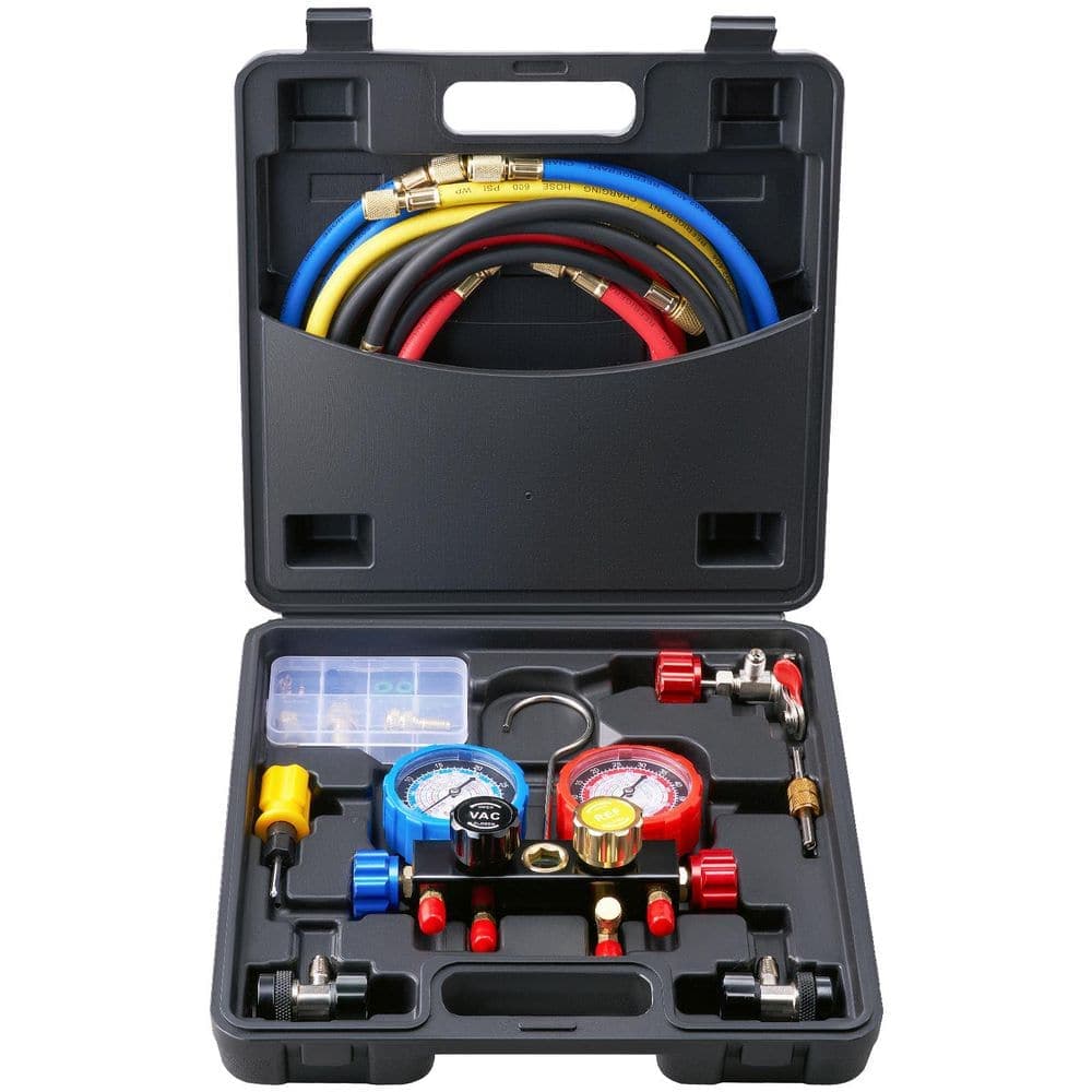 SKYSHALO AC Manifold Gauge Set for R134A, R22, R12, R410A, 4-Way, 5 ft. Hoses, Couplers Can Tap for Freon Charging and Evacuation