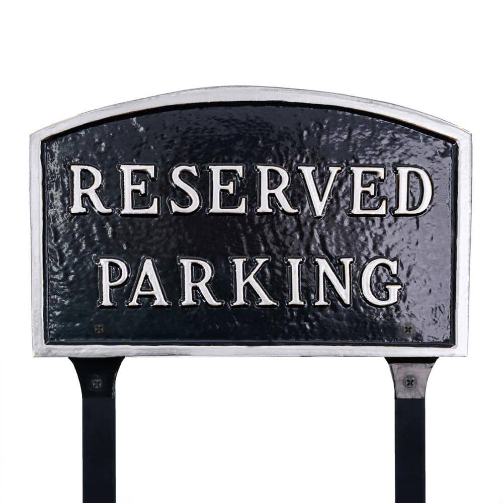 Montague Metal Products 13 in. x 21 in. Large Arch Reserved Parking Statement Plaque Sign with Lawn Stakes-Black/Silver