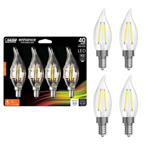 Feit Electric 40-Watt Equivalent BA10 E12 Candelabra Dimmable Filament CEC Clear Chandelier LED Light Bulb Soft White 2700K (4-Pack)
