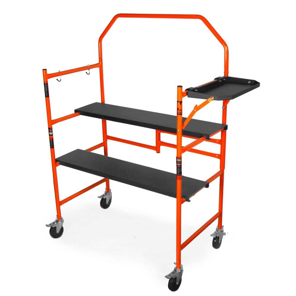 WEN 4 ft. H Portable Rolling Scaffolding, 500 lbs. Capacity with Foldable Design, Safety Rail and Tool Shelf