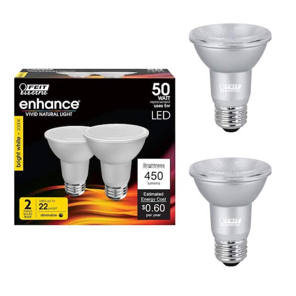 Feit Electric 50-Watt Equivalent PAR20 Dimmable CEC Title 20 90 CRI E26 Flood LED Light Bulb, Bright White 3000K (2-Pack)