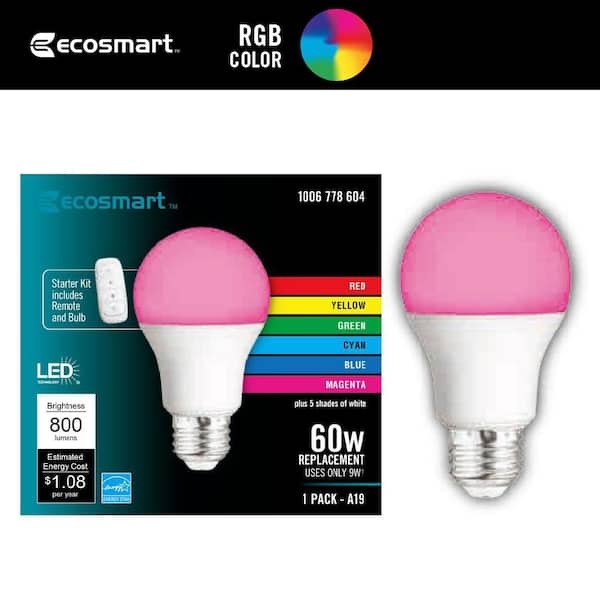 EcoSmart 60-Watt Equivalent A19 E26 Base CEC Color Changing LED Party Light Bulb Starter Kit with Remote (1-Pack)