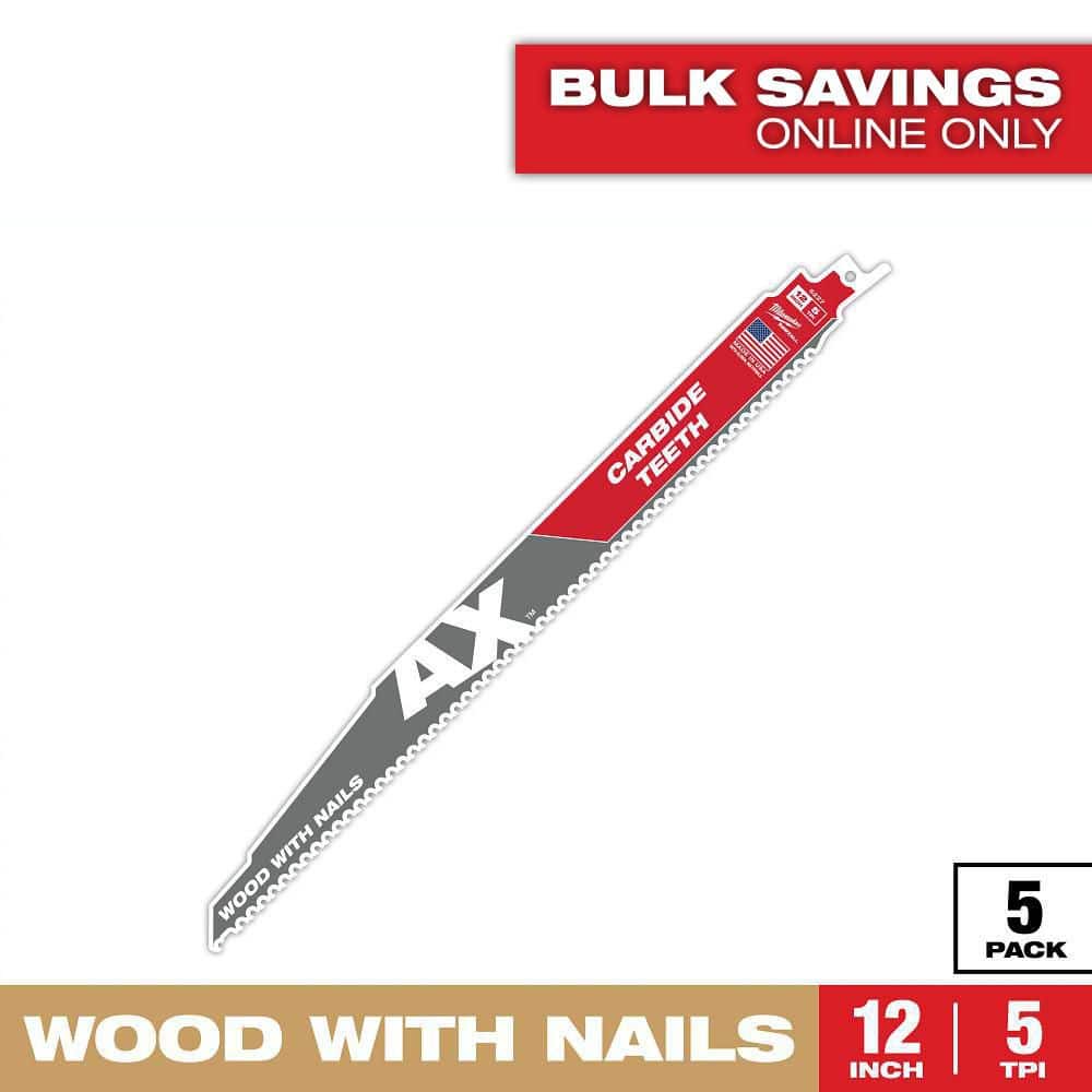 Milwaukee 12 in. 5 TPI AX Carbide Teeth Demolition Nail-Embedded Wood Cutting SAWZALL Reciprocating Saw Blades (5-Pack)
