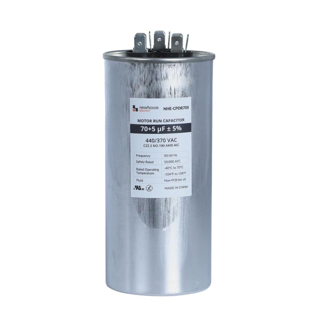NEWHOUSE ELECTRIC Dual Run Capacitor 70/5 MFD 440/370 VAC for Air Conditioner and Heat Pump Systems, Round, Metal