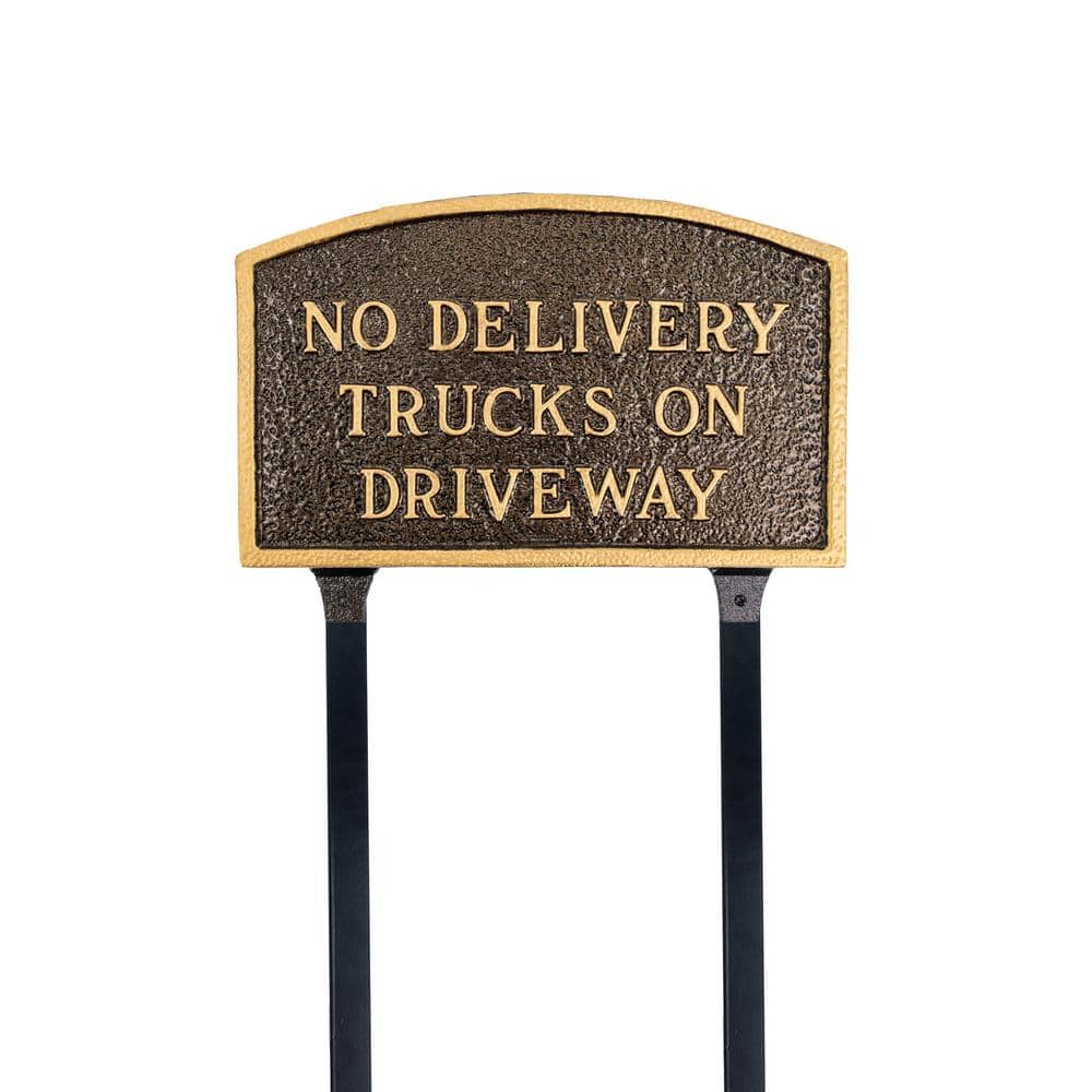 Montague Metal Products No Delivery Trucks on Driveway Standard Arch Statement Plaque with 17.5 in. Lawn Stakes-Hammered Bronze