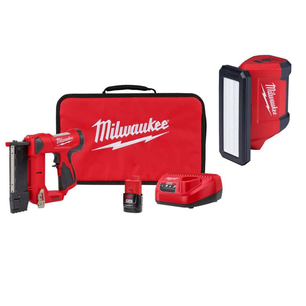 Milwaukee M12 12-Volt 23-Gauge Lithium-Ion Cordless Pin Nailer Kit with 1.5 Ah Battery, Charger, Tool Bag, and Flood Light