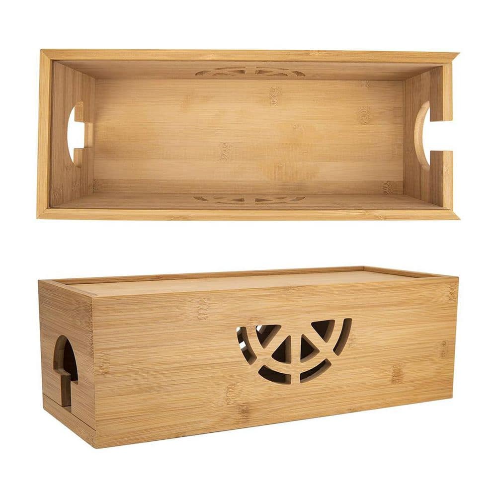 Ahfiwaso Natural Bamboo Cord Organizer Box Cable Management Box Cord Hider for Desk Computer USB TV Home Hall 1 Piece