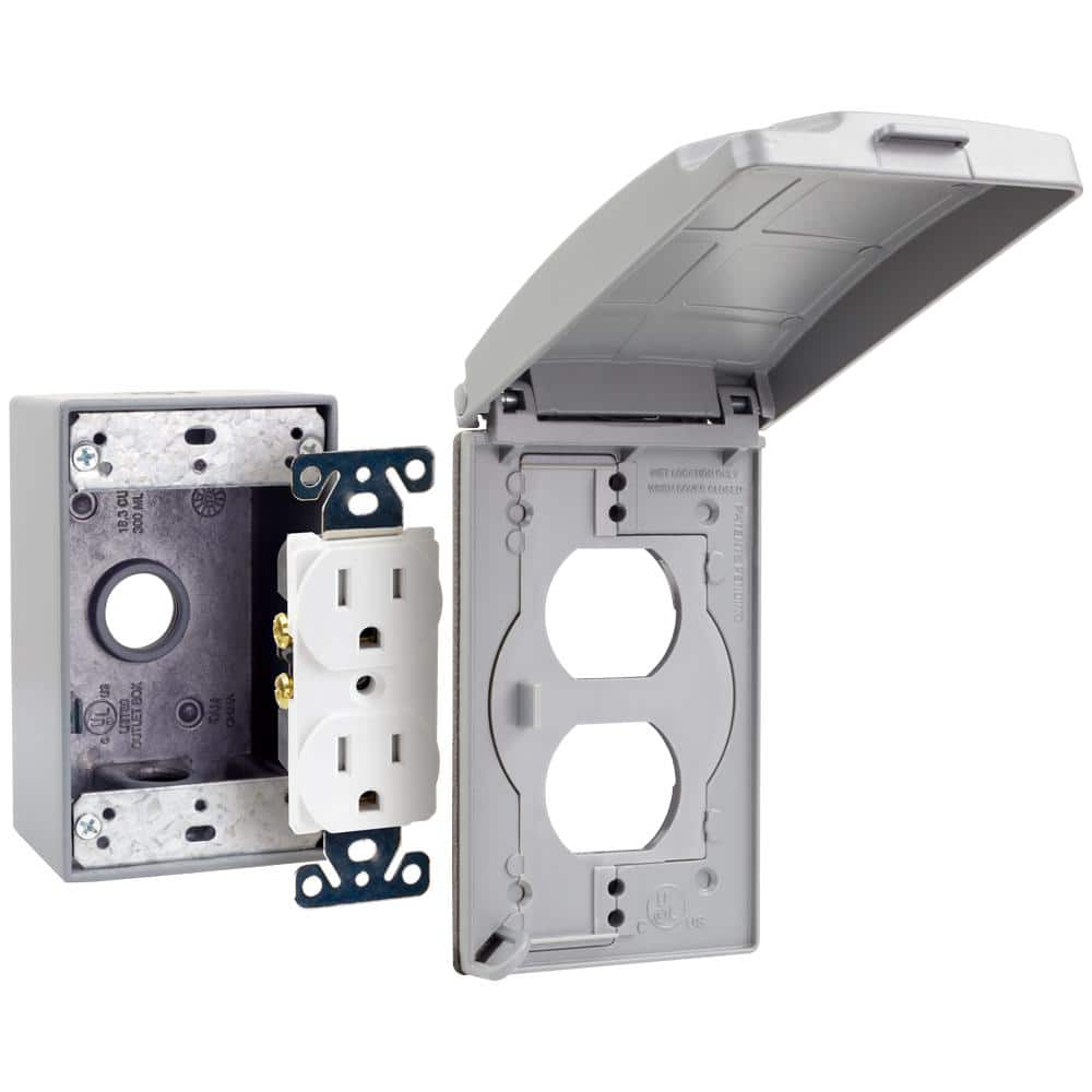 Commercial Electric 1-Gang Horizontal/Vertical Metallic Weatherproof Flat Outlet Cover Kit (24-in-1-Configurations), Gray