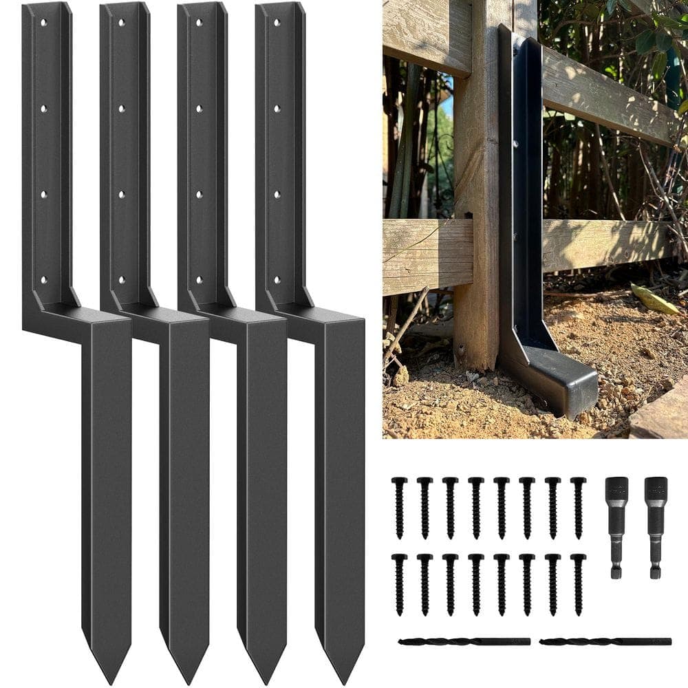 MYWISH Heavy-Duty Black 11-Gauge Steel Fence Post Anchor Repair Kit for 4 x 4 and 6 x 6 Wood Posts (4-Pack)