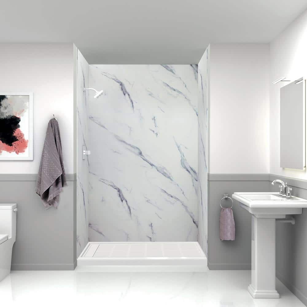Transolid Expressions 36 in. x 60 in. x 96 in. 4-Piece Easy Up Adhesive Alcove Shower Wall Surround in Bianca
