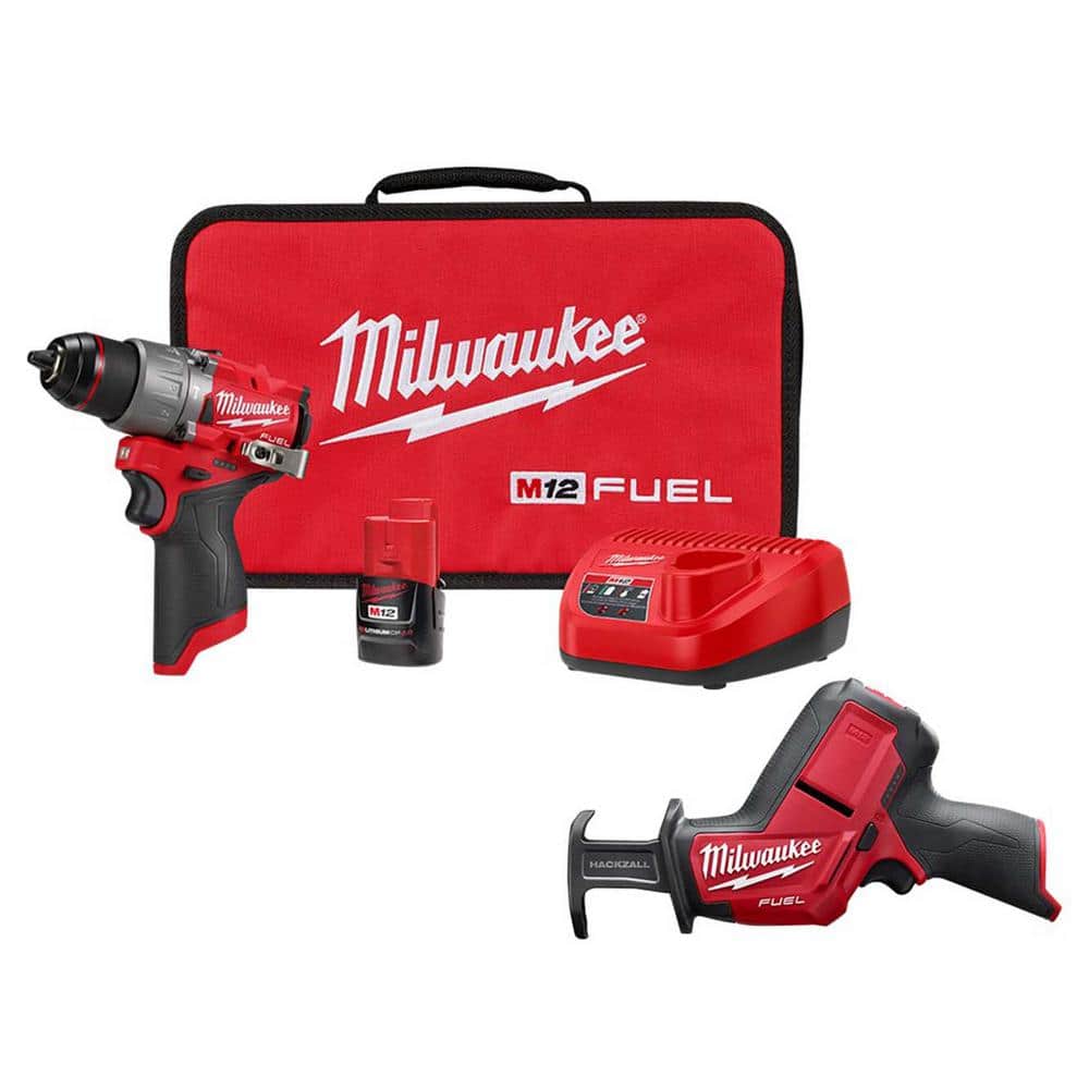 Milwaukee M12 FUEL 12-Volt Li-Ion Brushless Cordless 1/2 in. Hammer Drill Kit w CP 2.0Ah Battery, Charger & M12 FUEL Recip Saw