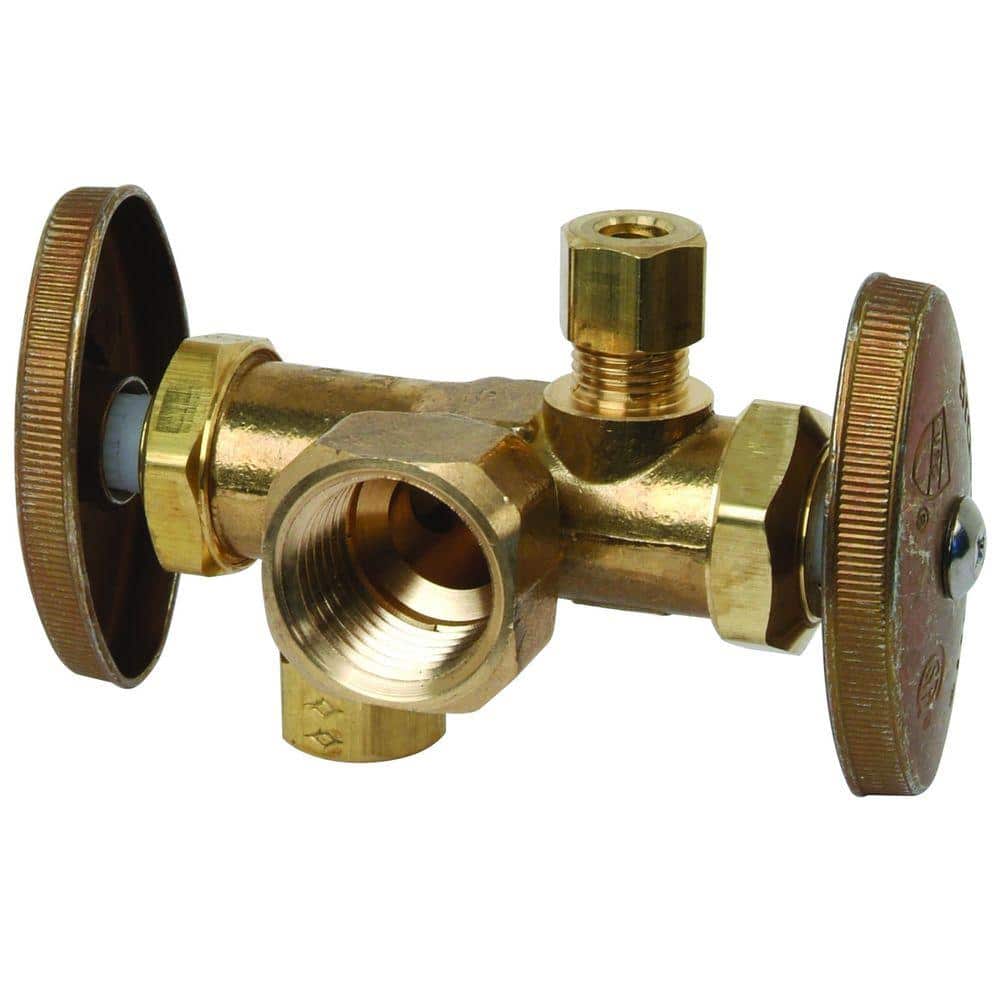 BrassCraft 1/2 in. FIP Inlet x 3/8 in. O.D. Comp x 1/4 in. O.D. Comp Dual Outlet Dual Shut-Off Multi-Turn Angle Valve