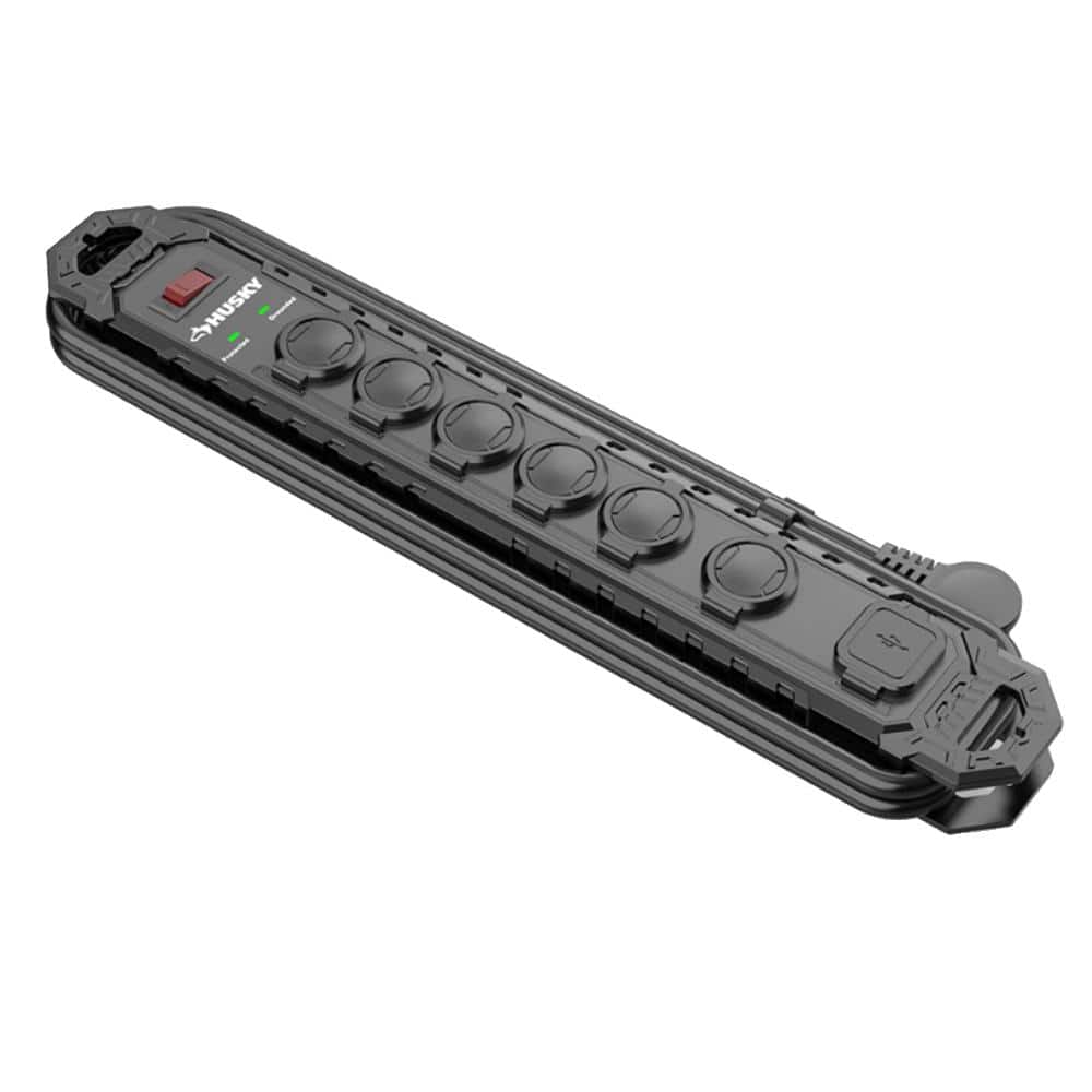 Husky 8 ft. 14/3 Heavy Duty 6-Outlet 2100 Joule Surge Protector, Black