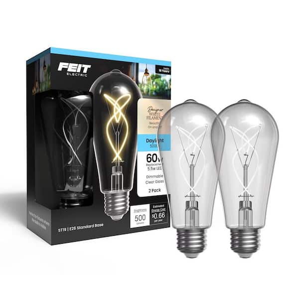 Feit Electric 60W Equiv. ST19 Dim. Knot Thin White Filament Clear Glass E26 Vintage LED Straight Tapered Light Bulb, Daylight (2-Pack)