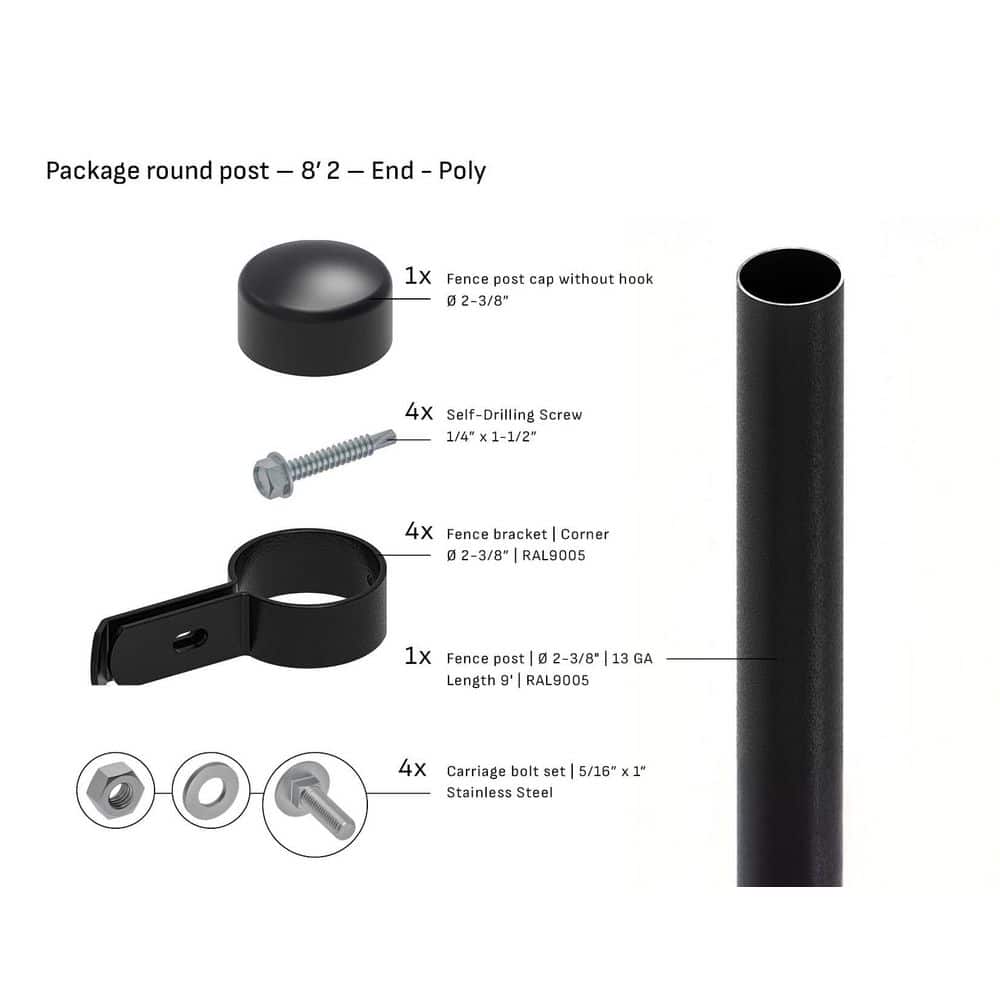 TARTER Round 2-3/8 in. x 8 ft. 2 ft. Poly Cap End Fence Black Steel Post (1-Pack)