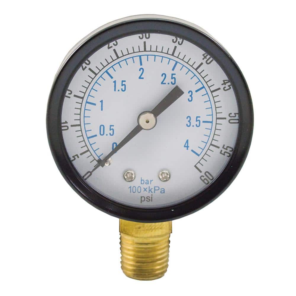 JONES STEPHENS 60 PSI Pressure Gauge with 2 in. Face and 1/4 in. MIP Brass Connection
