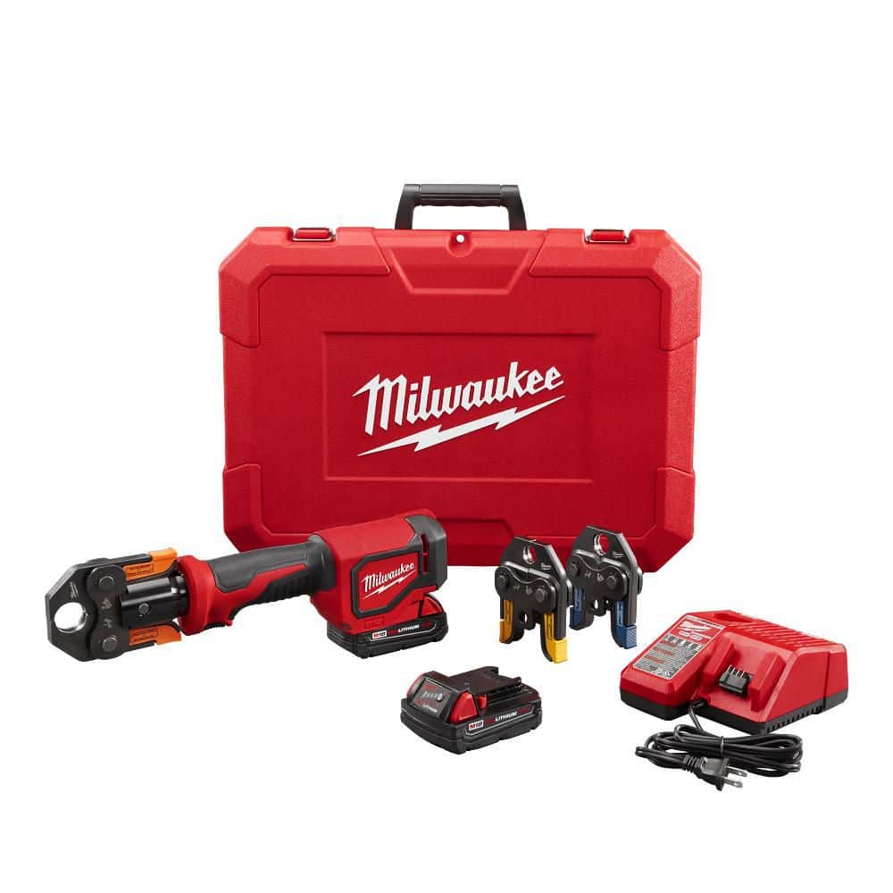 Milwaukee M18 18V Lithium-Ion Cordless Short Throw PEX Press Tool Kit w/ (3) Viega PureFlow Jaws,(2) 2.0Ah Batteries & Charger