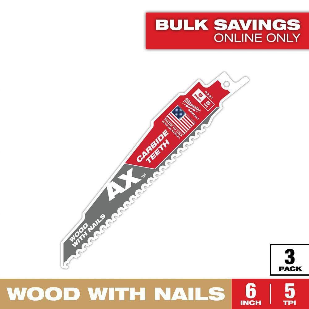 Milwaukee 6 in. 5 TPI AX Carbide Teeth Demolition Nail-Embedded Wood Cutting SAWZALL Reciprocating Saw Blades (3-Pack)