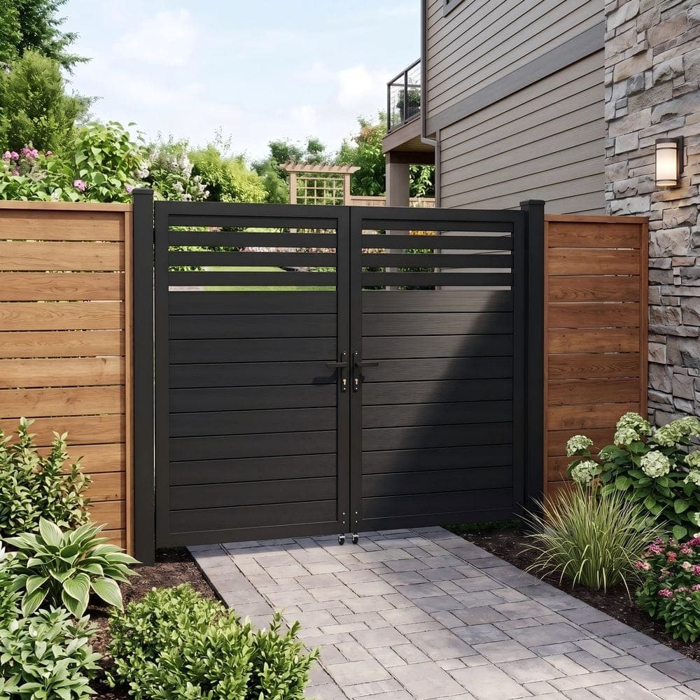 mondaria Modern Rust-Proof 7.9 ft. W 5.9 ft. H Black Aluminum Full Privacy Double Swing Gate with Wheel