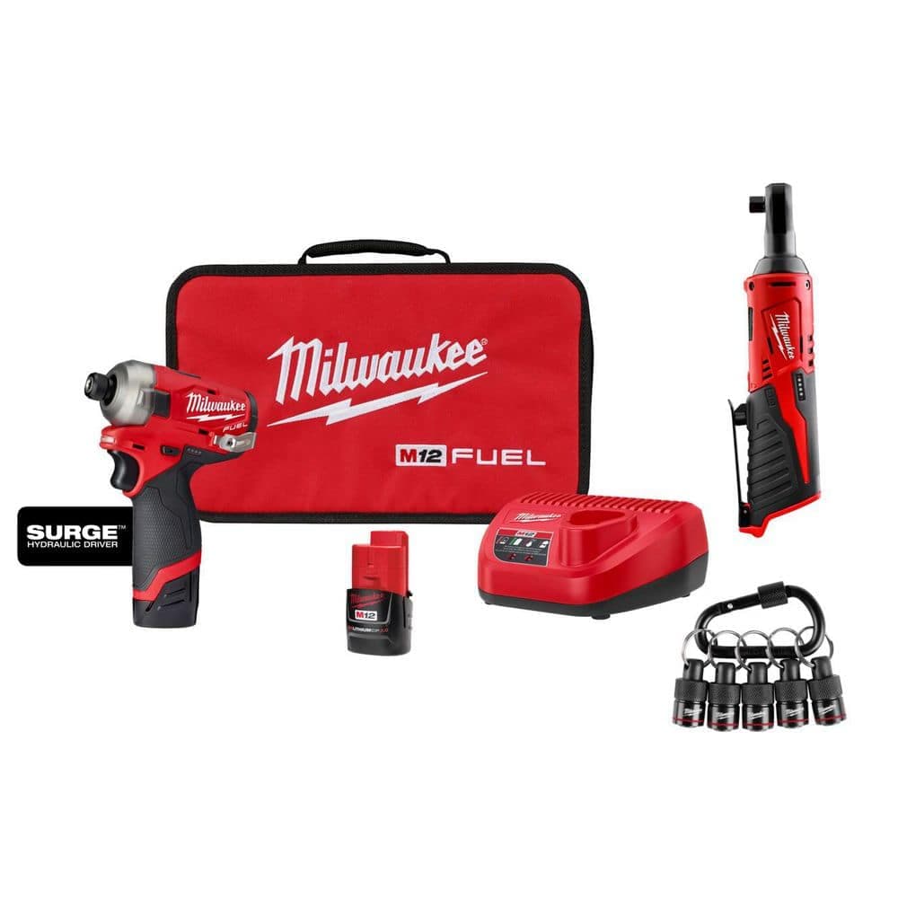 Milwaukee M12 FUEL SURGE 12V 1/4 in. Hex Impact Driver Kit w/ (2) 2. 0Ah Batteries, Bag with M12 3/8 in. Ratchet with Carabiner