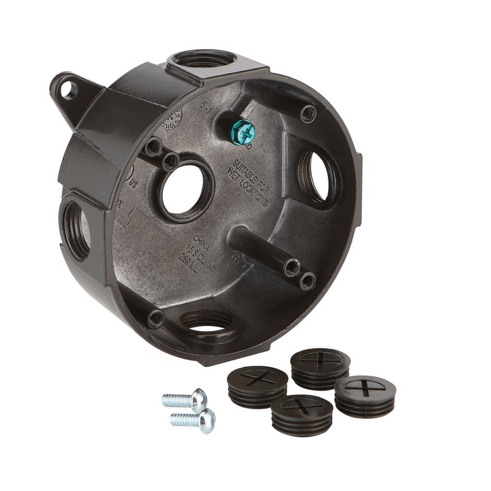 Commercial Electric 4 in. Round Metallic Weatherproof Outlet Box with (5) 1/2 in. Holes, Bronze